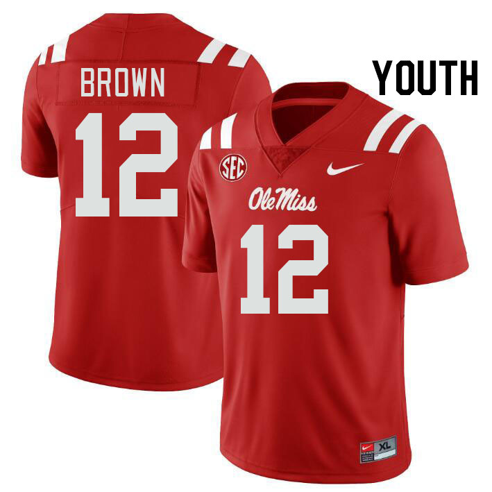 Youth #12 Bralon Brown Ole Miss Rebels College Football Jerseyes Stitched Sale-Red - Click Image to Close